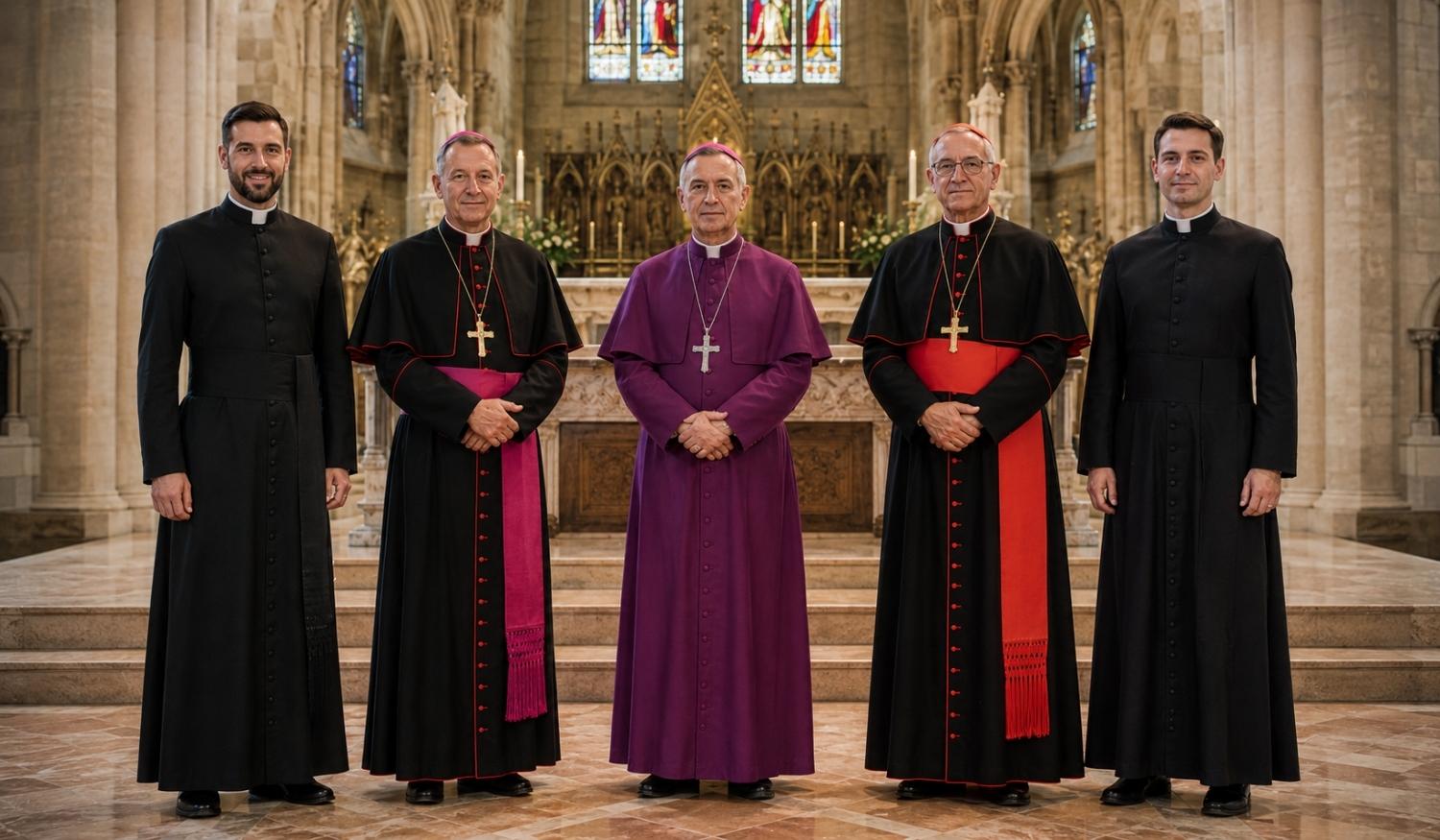 Different types of clergy cassocks for men showing black priest cassock, purple bishop cassock, and red-trimmed clergy attire inside a traditional church.