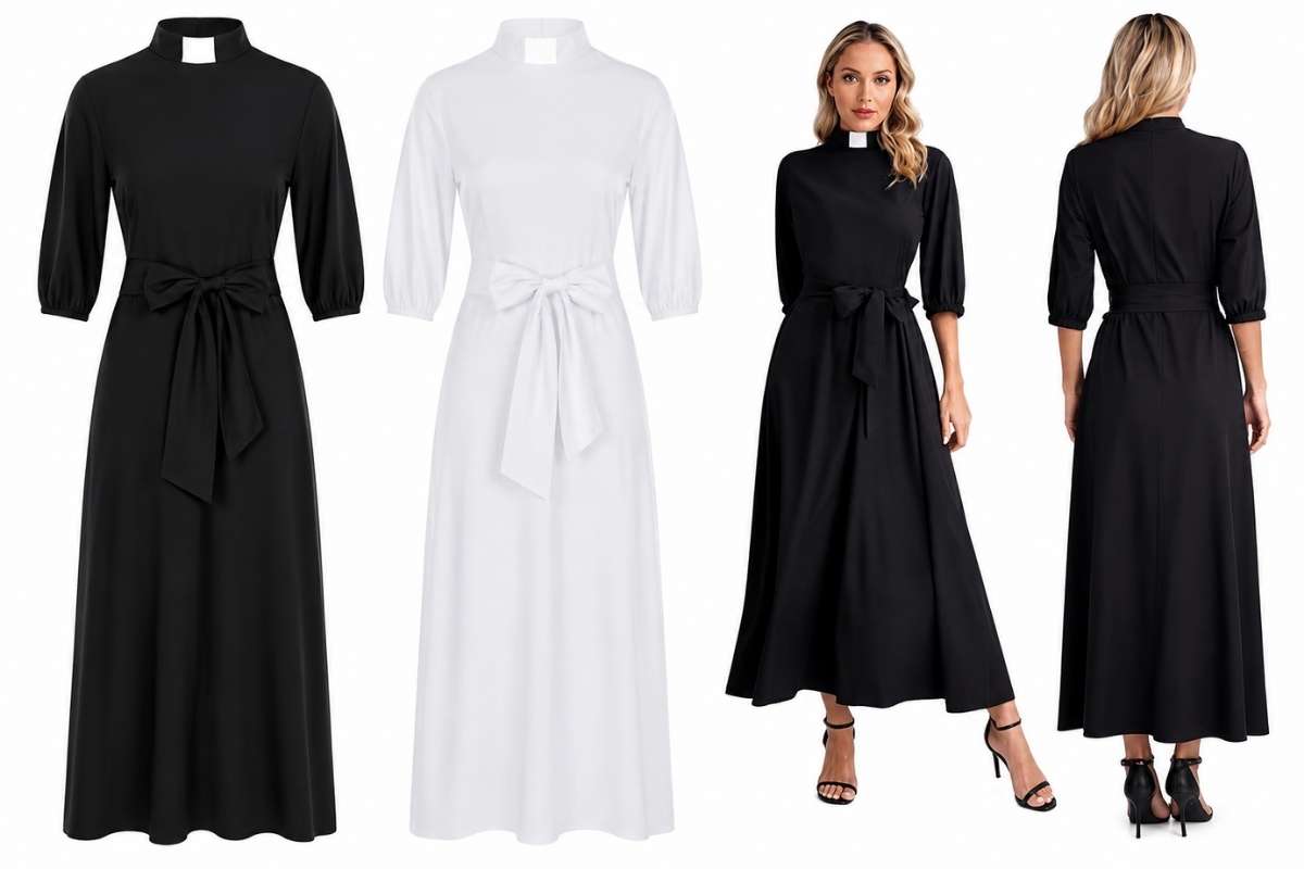 Collage of black and white women’s clergy dresses featuring high-neck clergy collars, long flowing silhouettes, waist tie details, and front and back model views displayed on a clean white background.