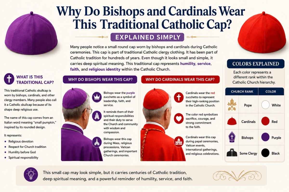 Infographic explaining the traditional Catholic caps worn by bishops and cardinals, featuring purple and red skullcaps, clergy illustrations, and symbolic color meanings on a professional beige background.
