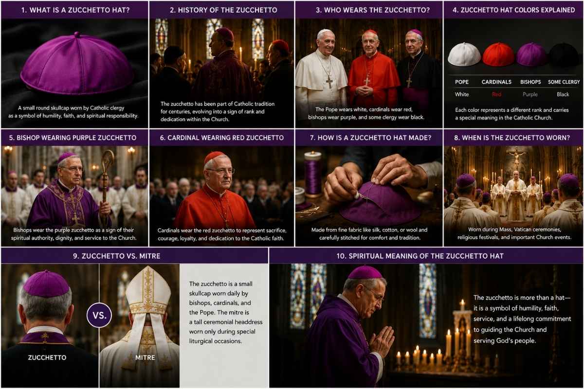 Infographic about the Catholic zucchetto hat explaining its history, clergy colors, symbolism, usage, and differences between a zucchetto and a mitre with church-themed visuals.