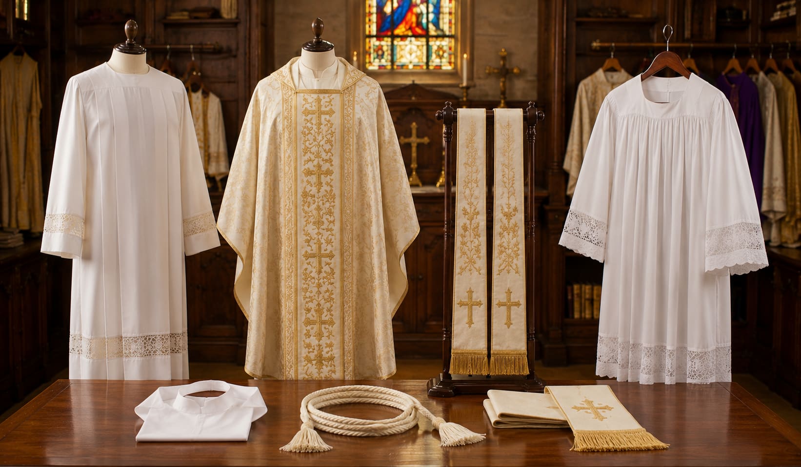 Catholic priest in gold and white vestments preparing for Mass inside a historic church.