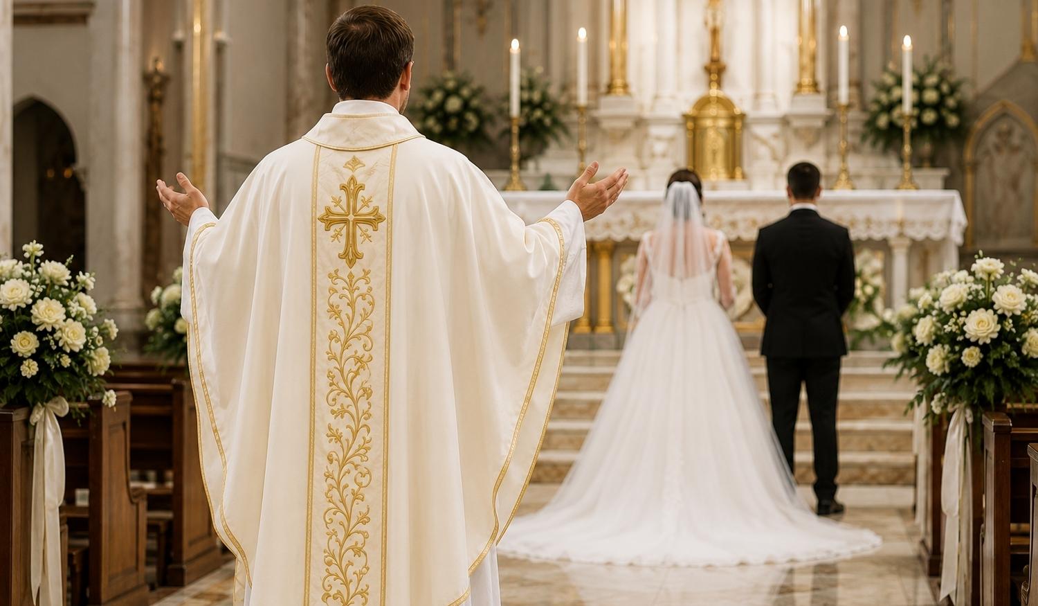 Priest officiating a wedding ceremony in a church