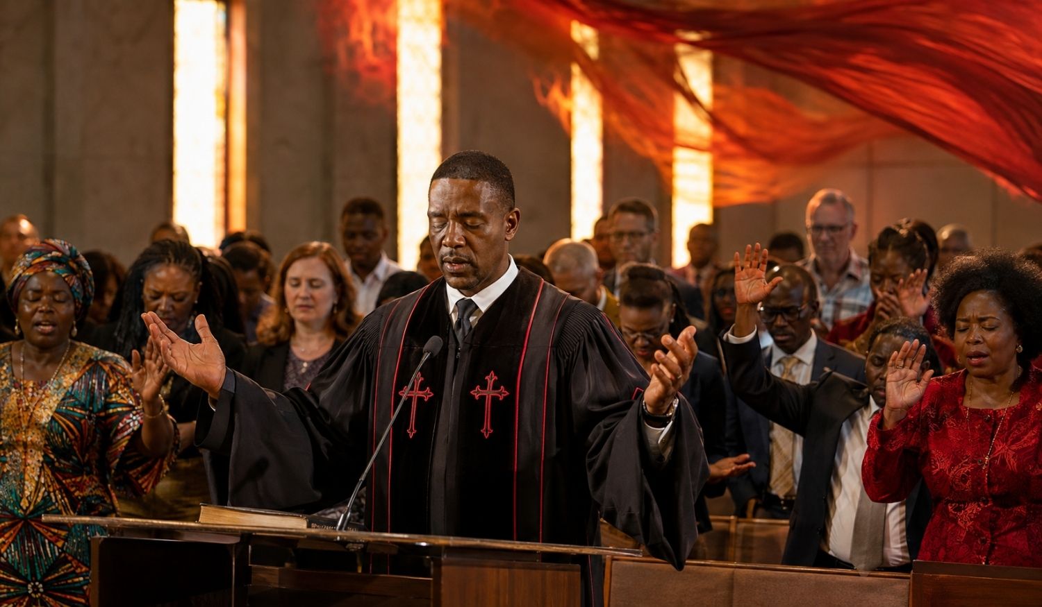 Ultra-realistic Pentecostal worship service with a pastor in traditional clergy robes leading a diverse congregation in prayer and worship inside a warmly lit Christian church.