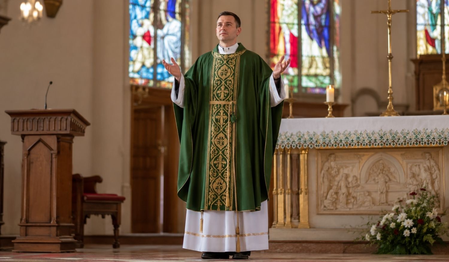 Priest wearing a green and gold chasuble over a white alb, standing at the altar during Mass in a church sanctuary with stained-glass windows.