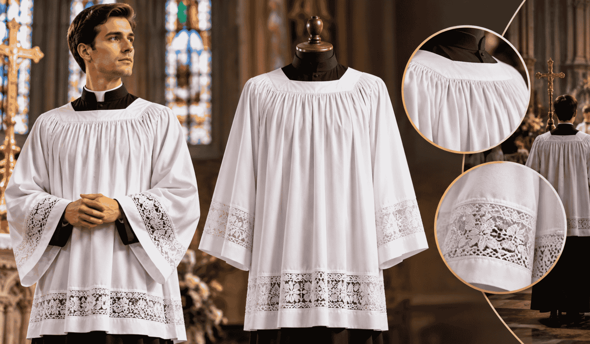 White surplice worn over a black cassock, featuring wide sleeves and lace trim in a traditional cathedral setting.