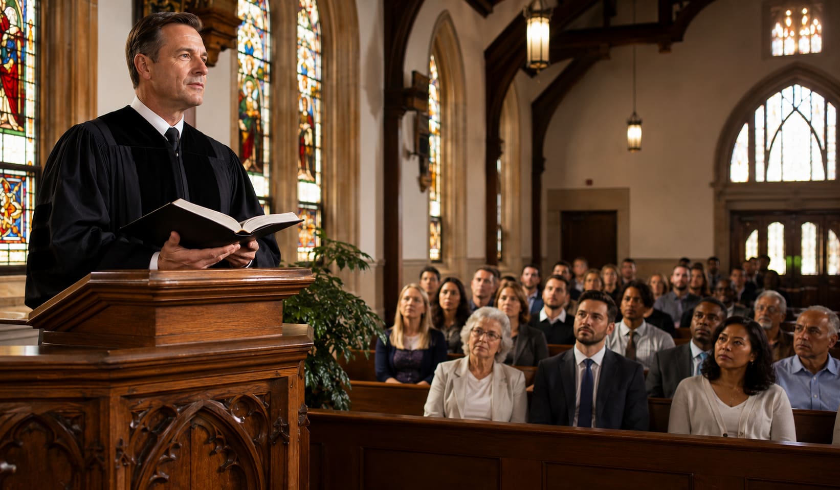 Protestant pastor holding an open Bible during a worship service as church members gather in a sunlit sanctuary with stained glass windows and wooden pews.