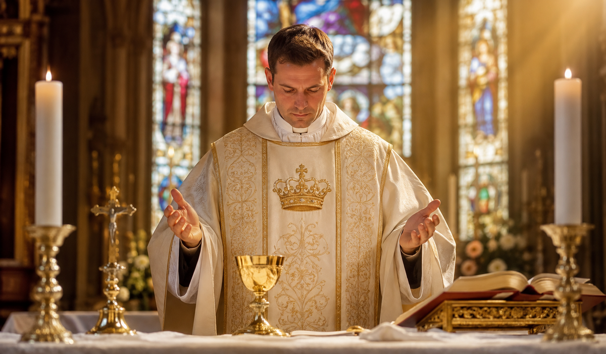 Catholic priest in white and gold vestments celebrating Mass at an altar inside a church with stained glass windows.
