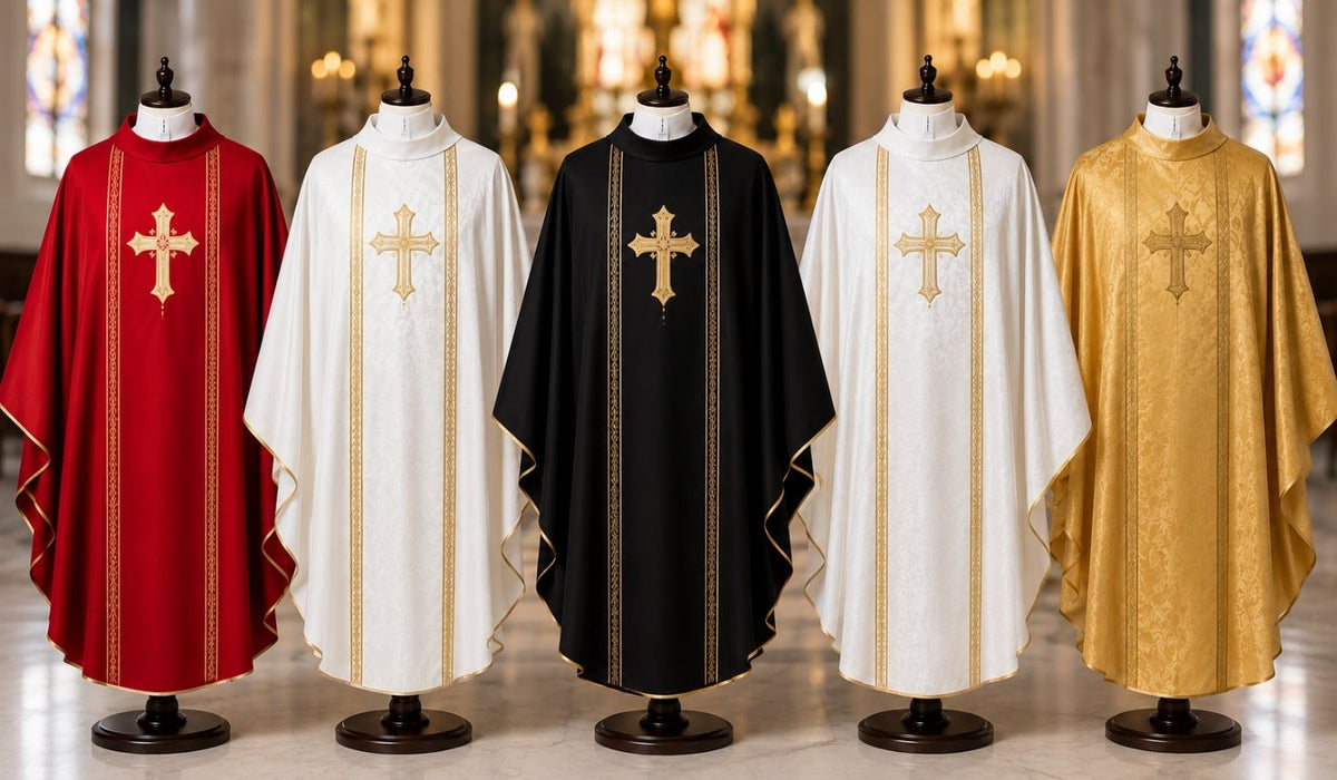 Premium Holy Week liturgical vestments in red, white, black, and gold displayed on mannequins inside a cathedral.