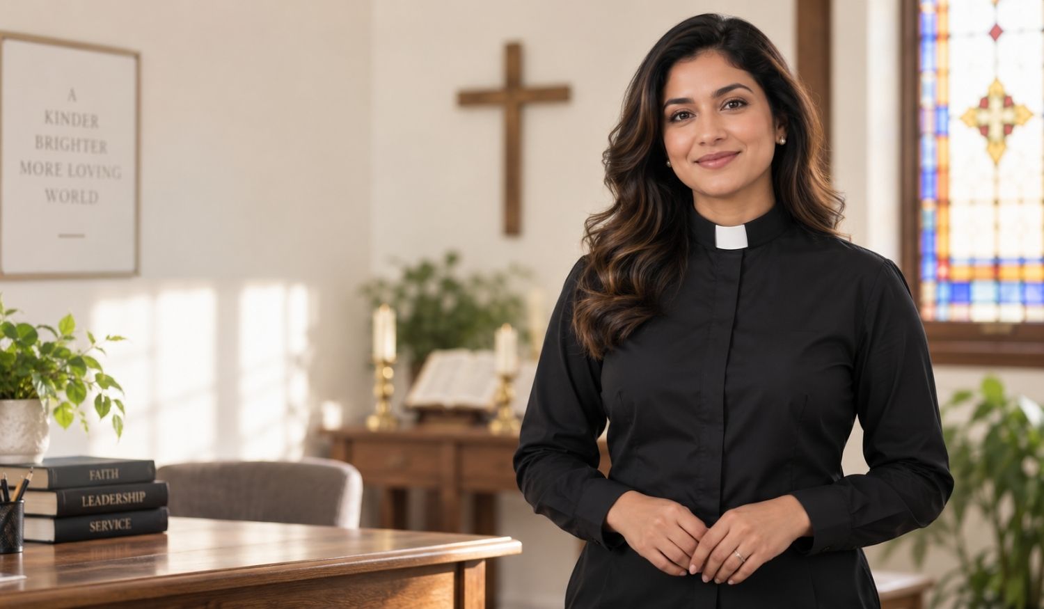 Woman clergy member wearing a black clerical shirt with a white tab collar.