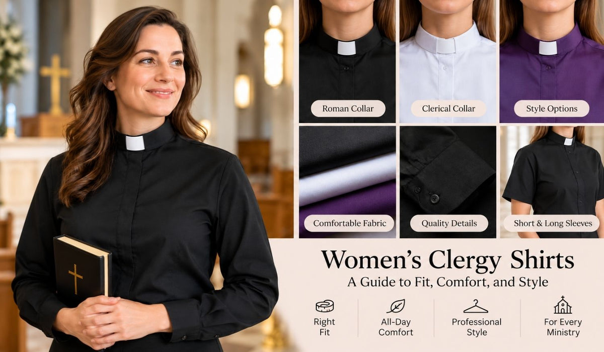 Women's clergy shirts guide featuring a female clergy member wearing a black Tab collar shirt, with examples of collar styles, fabric details, sleeve options, fit, and comfort.