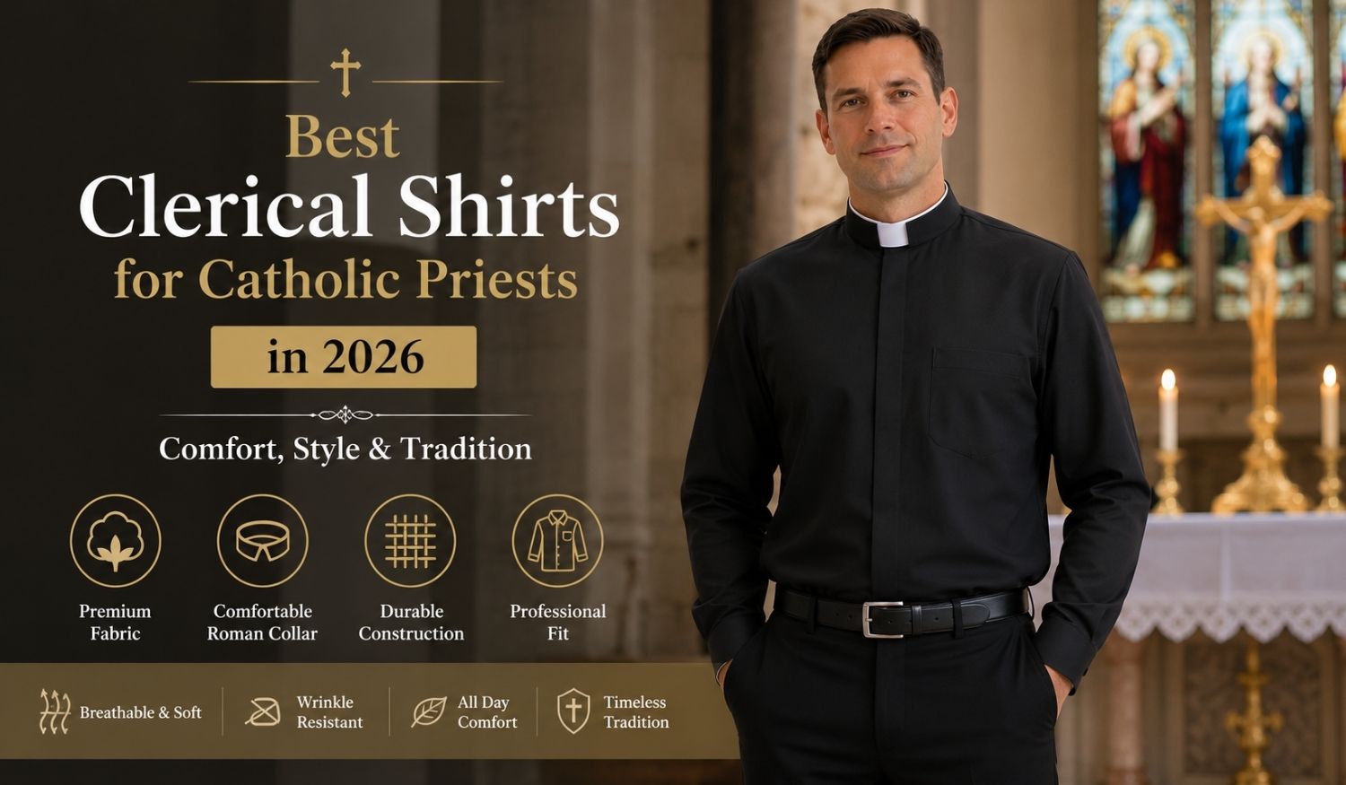 Young Catholic priest wearing a premium black Roman collar clerical shirt standing inside a beautiful church sanctuary with altar and stained glass windows.