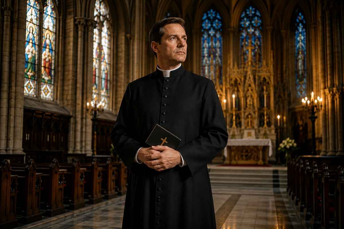 Priest wearing a traditional black cassock robe while holding a Bible inside a Gothic church with stained glass windows and candlelit altar background.