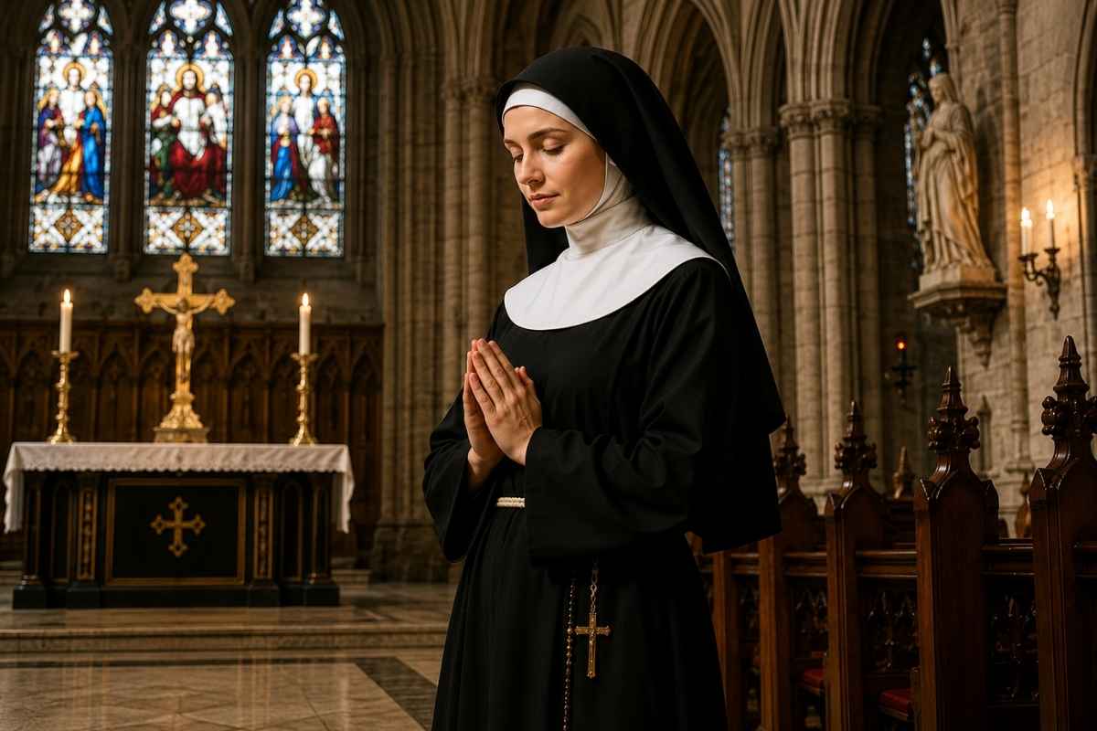 Nun in traditional black and white habit praying inside a Gothic church with stained glass windows, candles, and a cross altar in the background.