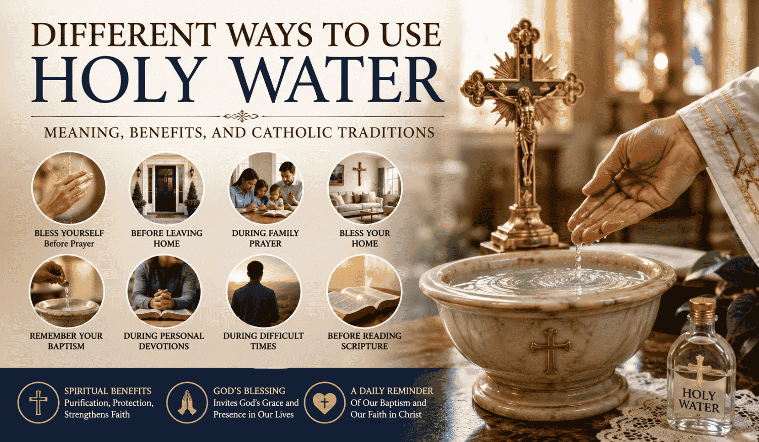 An illustrated guide showing different ways to use holy water, including prayer, home blessings, Baptism, family devotions, and Catholic traditions.