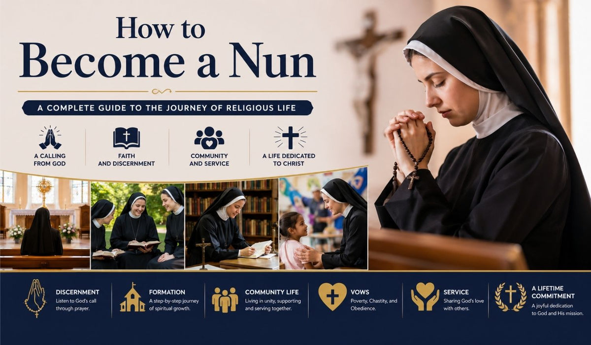 Catholic nun praying in a church representing the journey of becoming a nun and religious life.