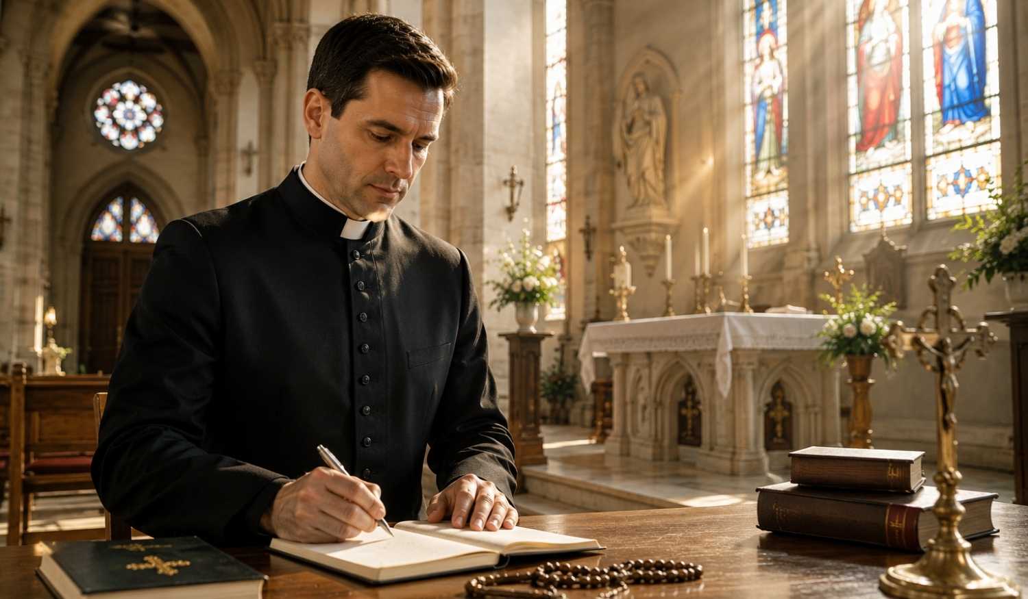 Priest wearing an elegant black priest outfit with clergy shirt and collar during daily prayer and writing inside a peaceful church with stained glass windows