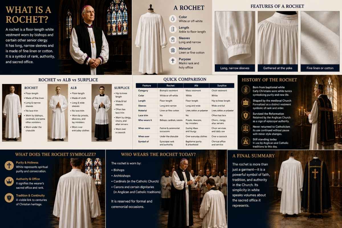 Infographic explaining the rochet clergy vestment, including its features, symbolism, history, comparisons with alb and surplice, and images of bishops wearing traditional white rochet robes.