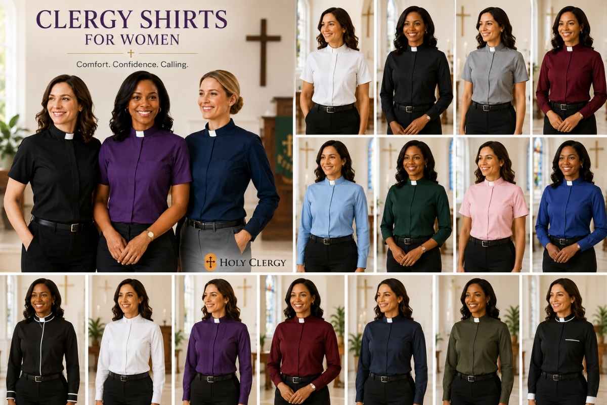 Promotional collage featuring women wearing clergy shirts in various colors and styles with a Holy Clergy logo and church-inspired background.