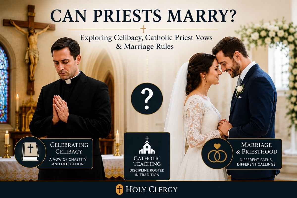 Infographic exploring whether Catholic priests can marry, featuring a praying priest, a wedding couple, and themes of celibacy, priest vows, and marriage rules in a church setting.