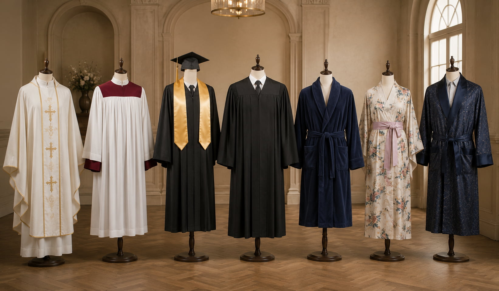Collection of clergy, choir, graduation, judge, kimono, bathrobe, and dressing gown styles displayed on mannequins in a luxury showroom.