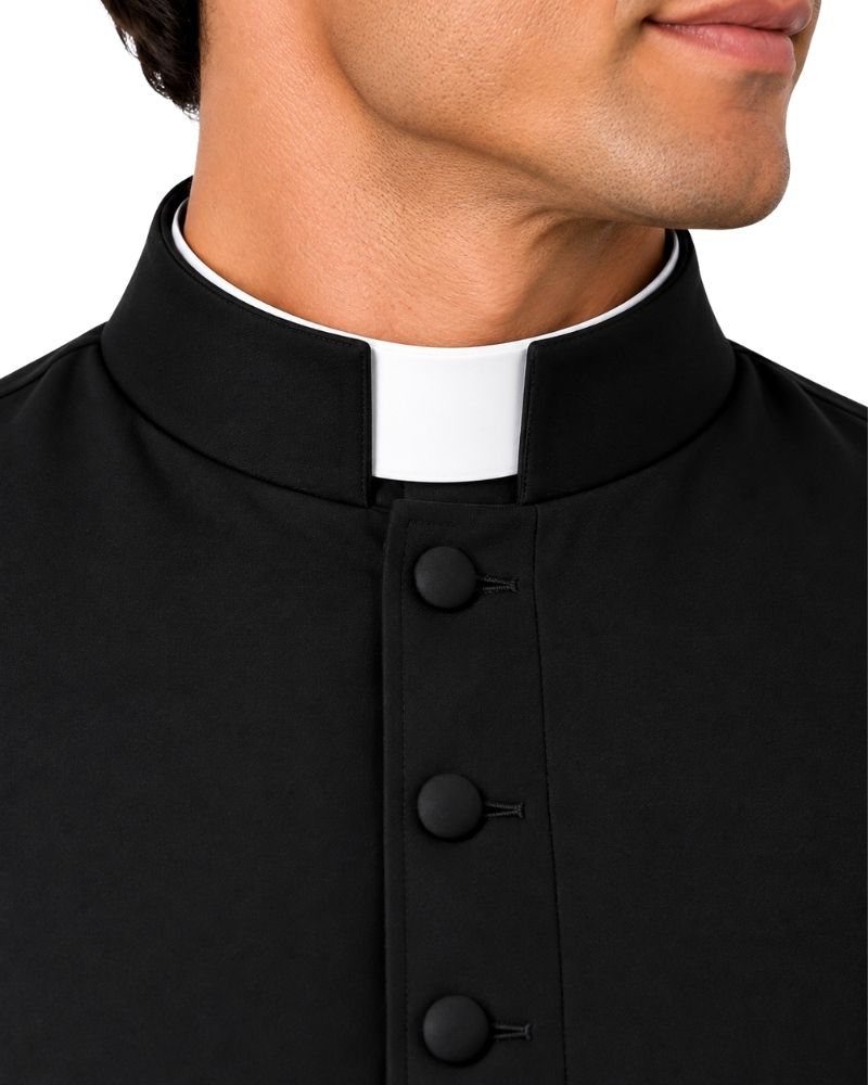 Closeup of the white collar man wearing Abihail Pastor Robe for Baptism Ceremony against the white background.