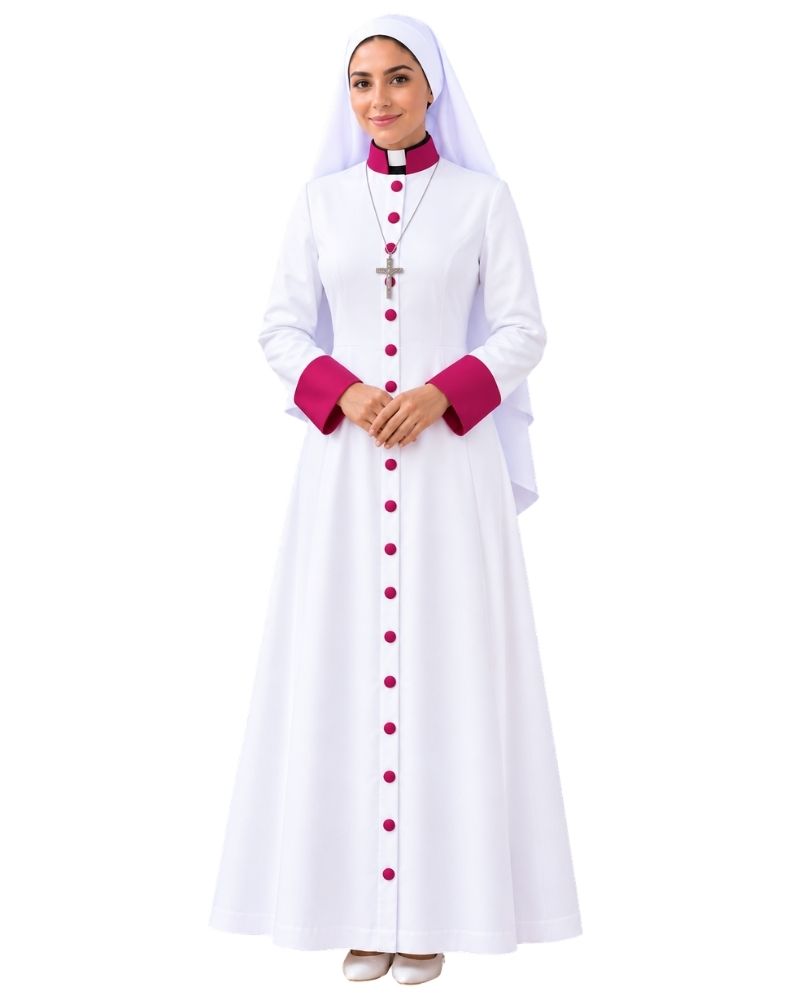 A woman modeling a Adeline Clergy Robe In White And Purple, Purple buttons, and a white veil against a plain white background. 