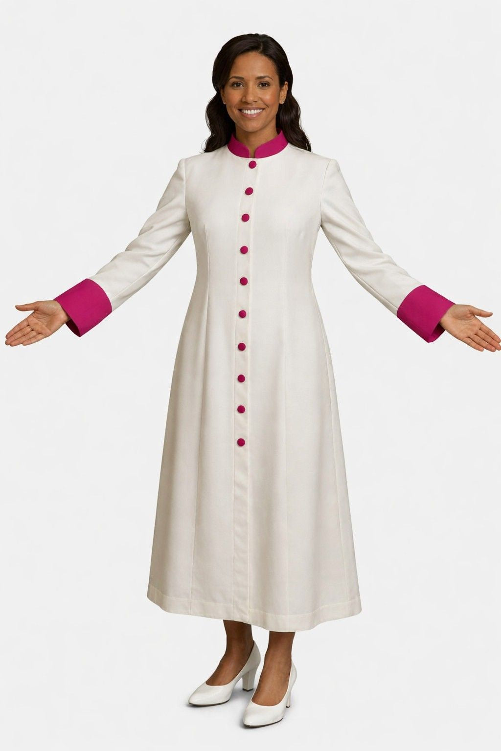 Woman wearing a long white robe with pink accents on a white background