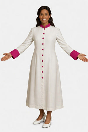 Woman wearing a long white robe with pink accents on a white background