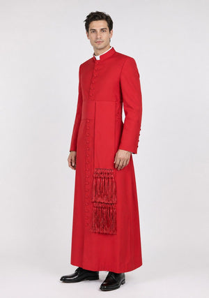 Man wearing a red cassock with a stole on a white background