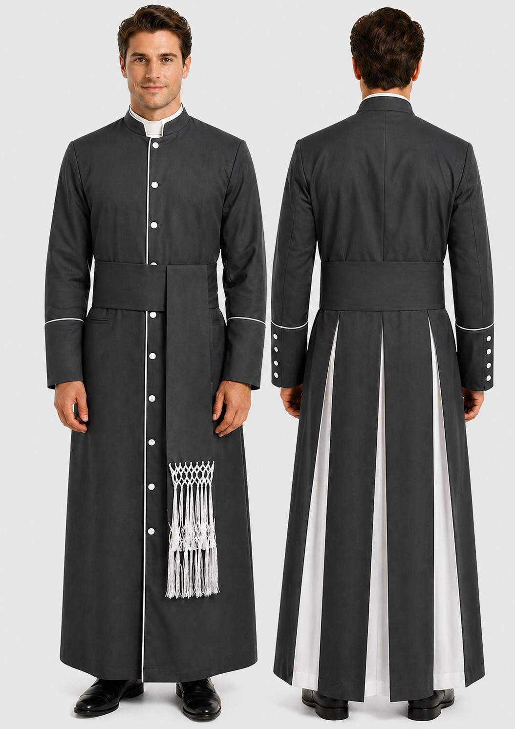 Long black robe with white accents worn by a model on a plain background