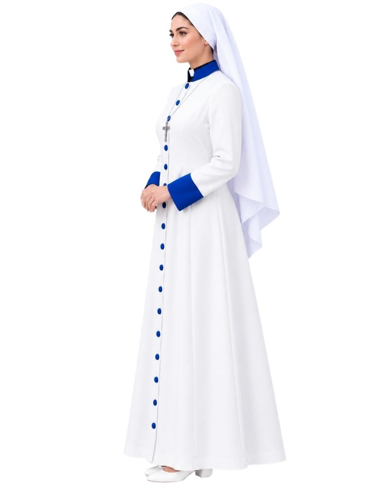 A woman modeling a Alice White Clergy Robe With Royal Blue Trim, Royal Blue buttons, and a white veil against a plain white background. 