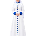 A woman modeling a Alice White Clergy Robe With Royal Blue Trim, Royal Blue buttons, and a white veil against a plain white background. 