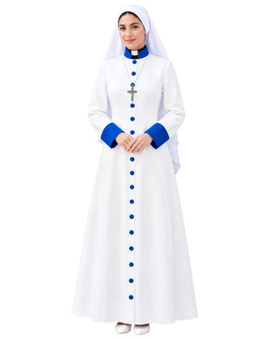 A woman modeling a Alice White Clergy Robe With Royal Blue Trim, Royal Blue buttons, and a white veil against a plain white background. 