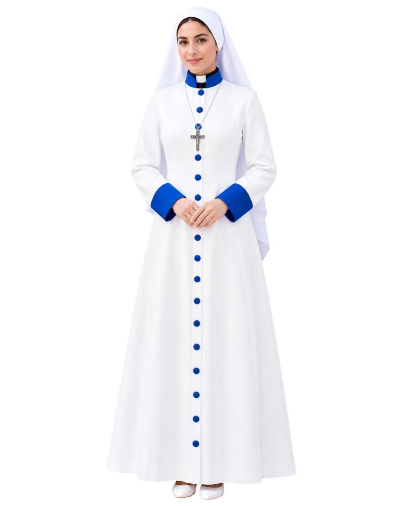A woman modeling a Alice White Clergy Robe With Royal Blue Trim, Royal Blue buttons, and a white veil against a plain white background. 