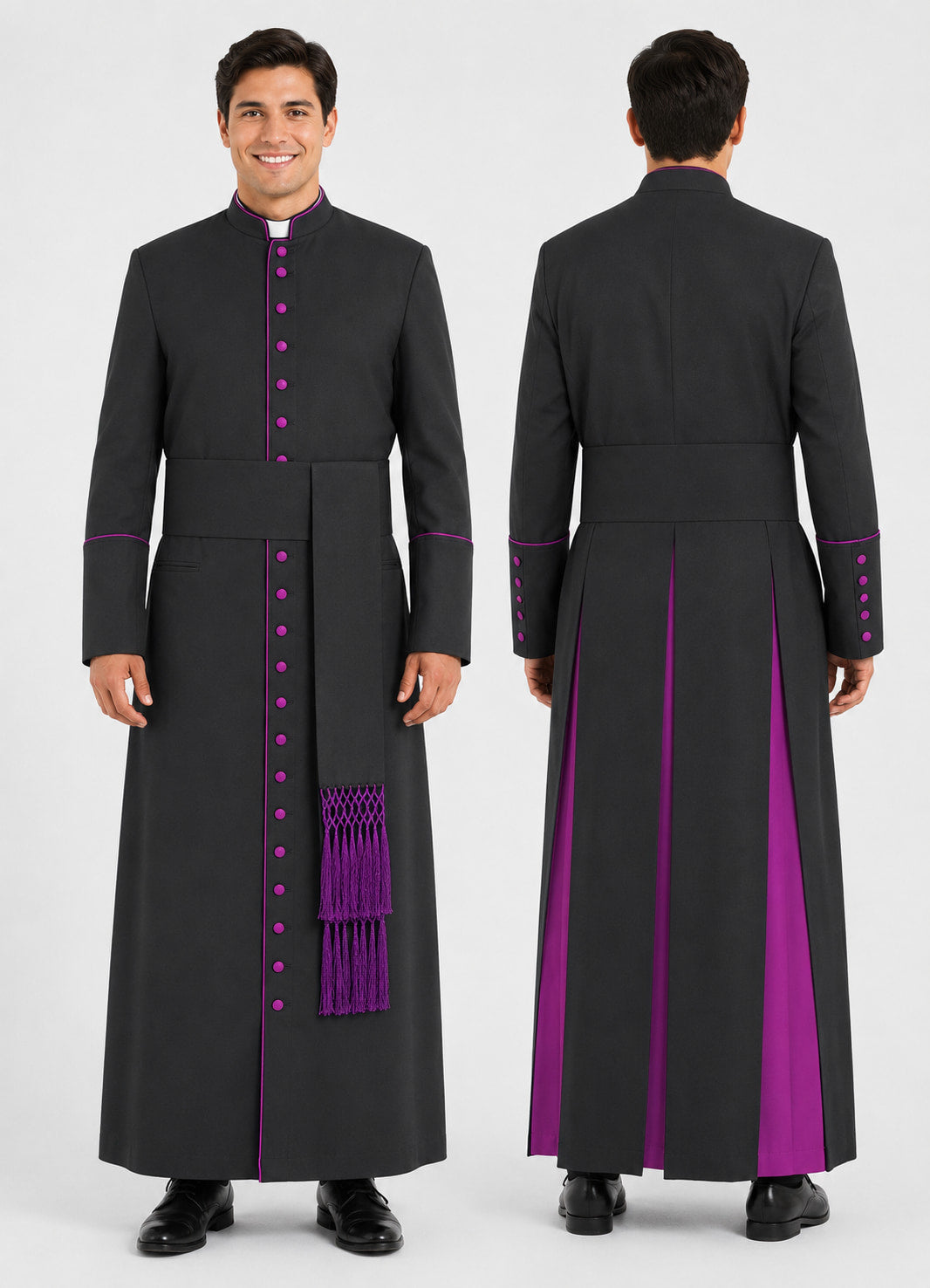 Long black robe with purple accents worn by a model on a white background