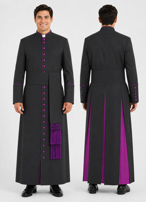 Long black robe with purple accents worn by a model on a white background