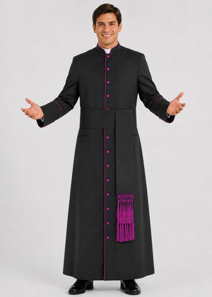 Man wearing a black robe with purple accents on a white background