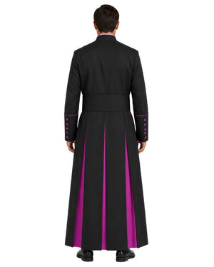 A man viewed from the back wearing a long black robe with bright magenta-purple vertical panels and matching trim on the sleeves, against a plain white background.