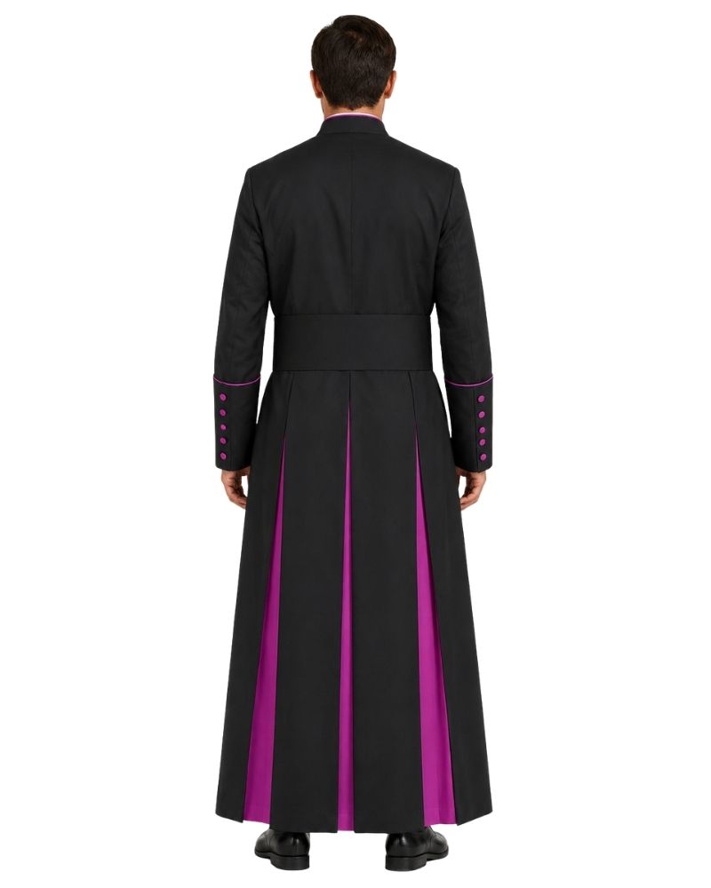 A man viewed from the back wearing a long black robe with bright magenta-purple vertical panels and matching trim on the sleeves, against a plain white background.