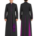 A man modeling a long black clerical cassock shown from the front and back against a plain white background. 