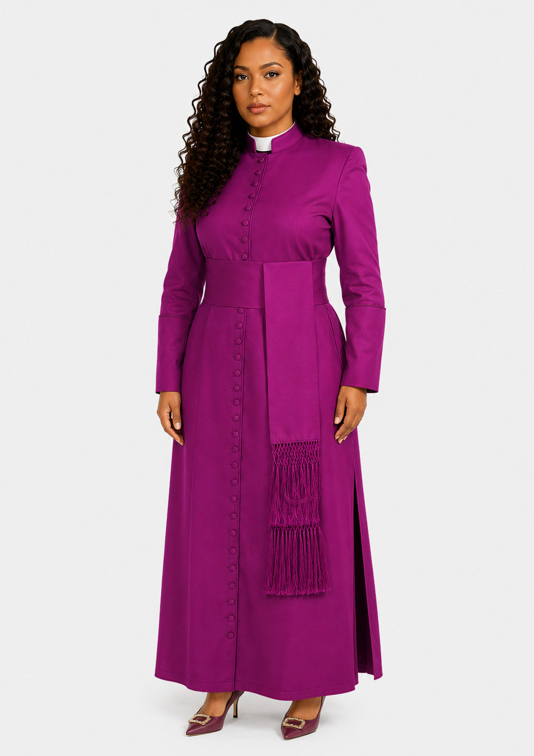 Woman wearing a long purple dress with a matching stole on a white background