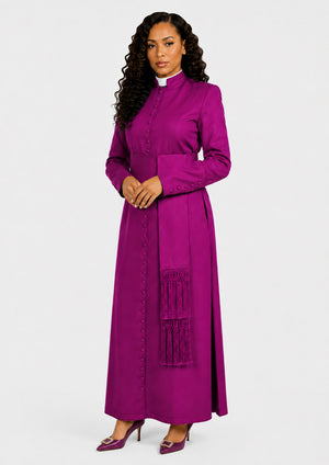Woman wearing a purple robe with a white background