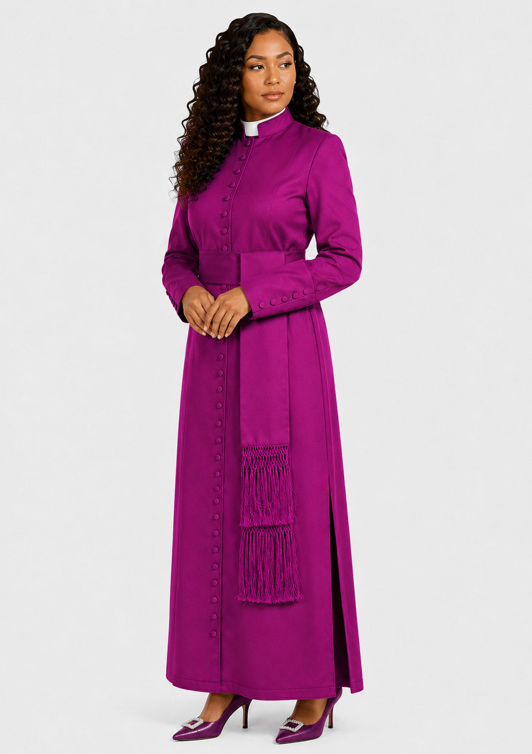 Woman wearing a purple robe with a white collar on a white background