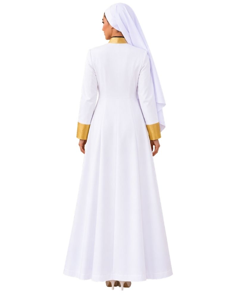 A woman shown from the back wearing a Aria White Clergy Robe With Gold with a matching head covering, a gold collar, and gold cuffs, against a plain white background.