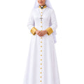 A woman modeling a Aria White Clergy Robe With Gold, gold buttons, and a white veil against a plain white background. 