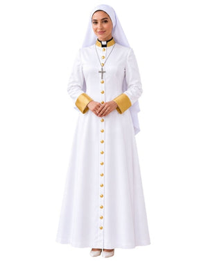 A woman modeling a Aria White Clergy Robe With Gold, gold buttons, and a white veil against a plain white background. 