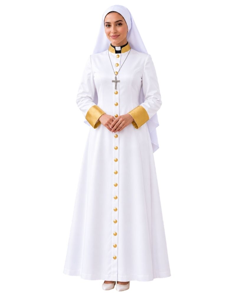 A woman modeling a Aria White Clergy Robe With Gold, gold buttons, and a white veil against a plain white background. 
