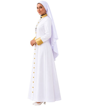 A woman modeling a Aria White Clergy Robe With Gold, gold buttons, and a white veil against a plain white background. 