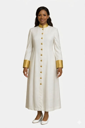 Woman wearing a long white robe with gold accents on a white background