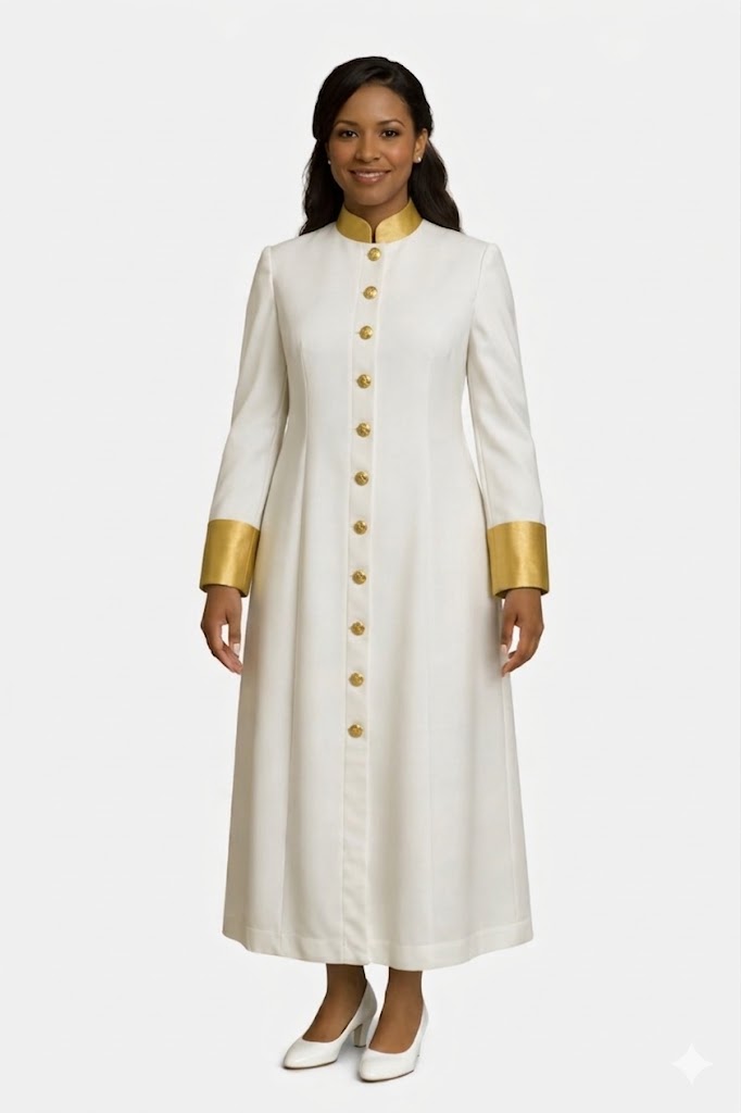 Woman wearing a long white robe with gold accents on a white background